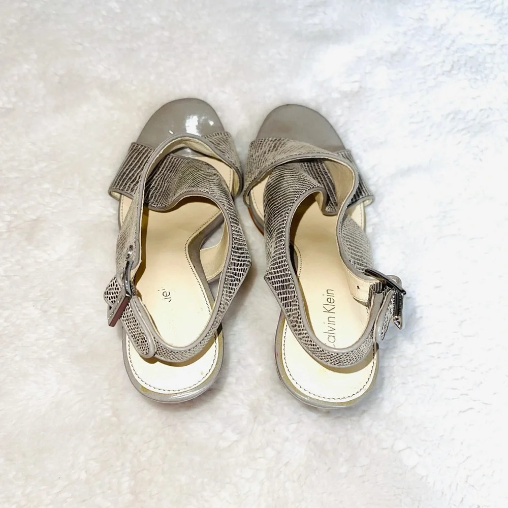 Calvin Klein Jill Silver Metallic Snakeskin Slingback Block Heels 6 Women’s - Picture 8 of 13